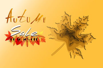 Autumn sale and orange gradient maple leaf background layered effect in paper cut style. Autumn and Sale lettering and yellow orange red leaves with shadow. Vector illustration 
