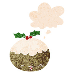 cute cartoon christmas pudding and thought bubble in retro textured style