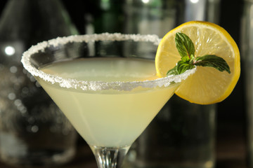 Margarita cocktail, Alcoholic drink, margarita cocktail with lemon and mint and salt on a wooden table. bar. bar stock and accessories. close-up