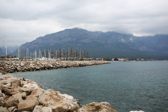Sea and rocks, yachts and ships near Yoruk park