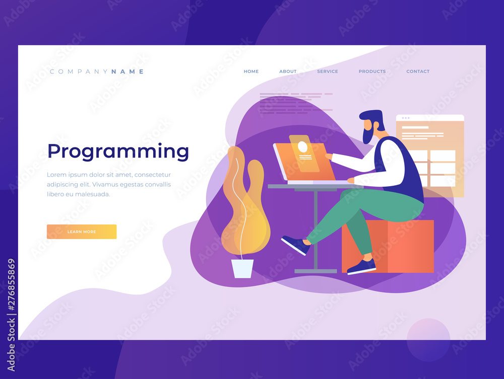 Poster a young programmer is working on a project. the concept of modern digital technology. landing page. 