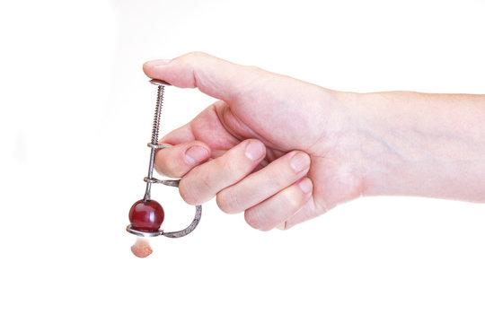 Tool for extracting seed from cherries isolated on white. Metal letter b. Manual device for squeezing the bone from the cherry berries. Cooking idea. Concept of dictatorship