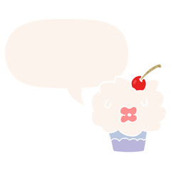funny cartoon cupcake and speech bubble in retro style