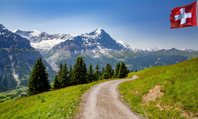 Swiss beauty, path and meadows above Grindelwald valley, Bernese Oberland,Switzerland,Europe