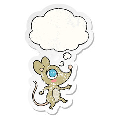 cartoon mouse and thought bubble as a distressed worn sticker