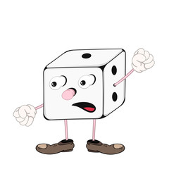 Funny cartoon dice with eyes, hands and feet in shoes experiencing emotion and waving his hand.