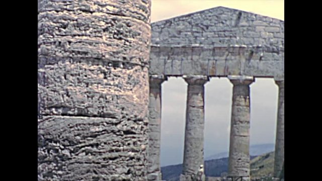 Doric temple ruins of Segesta, archaeological site in province of Trapani. Historical archival of Sicily island of Italy in the 1960s.