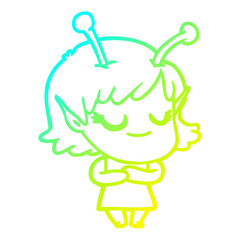 cold gradient line drawing smiling alien girl cartoon