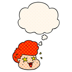 cartoon excited boy and thought bubble in comic book style