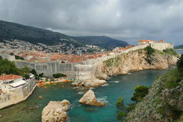 Panoramic aerial view of Dubrovnik City Defense Walls and Old Town, Croatia