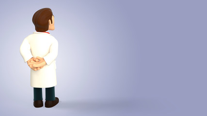 Cartoon 3d doctor dressed in white coat having his back turned and looking up on a purple gradient background 3d rendering