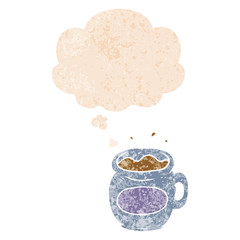 cartoon coffee cup and thought bubble in retro textured style