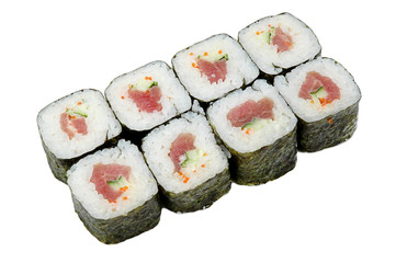 Sushi rolls isolated on white background. Closeup of delicious japanese food sushi roll.