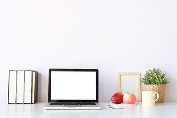 Workspace desk and laptop. copy space and blank screen. Business image, Blank screen laptop and supplies.