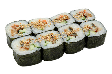 Sushi rolls isolated on white background. Closeup of delicious japanese food sushi roll.