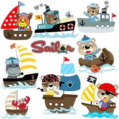 Papier Peint photo Pirates Ensemble de vecteur de dessin animé de bateau et de bateau avec le marin d& 39 animaux drôles
