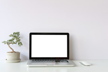 Fototapeta premium Workspace desk and laptop. copy space and blank screen. Business image, Blank screen laptop and supplies.