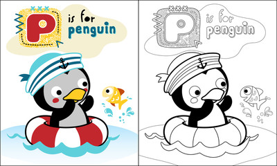 coloring book or page with penguin cartoon swimming