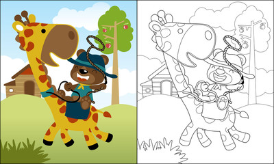 coloring book or page with funny bear cartoon ride on giraffe