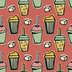 Drinking coffee, tea seamless pattern. Hand-drawn multicolored doodle vector illustration