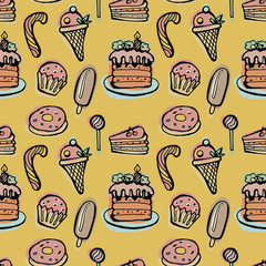 Desserts seamless pattern. Hand-drawn multicolored doodle vector illustration