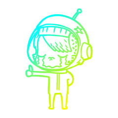 cold gradient line drawing cartoon crying astronaut girl making thumbs up sign