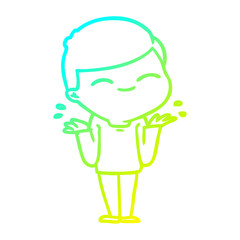 cold gradient line drawing cartoon smiling boy shrugging shoulders