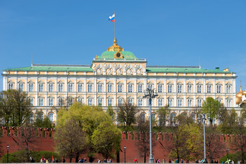 Moscow, Russia - May 6, 2019: View of the Grand Kremlin Palace behind the Kremlin wall on a summer...