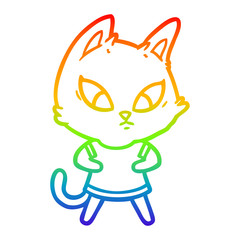 rainbow gradient line drawing confused cartoon cat in clothes