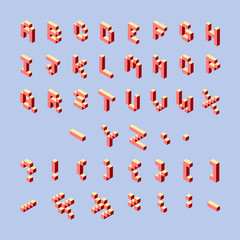 3 d pixel art set of punctuation marks and alphabet in isometric left. Red signs and letters on a light blue background