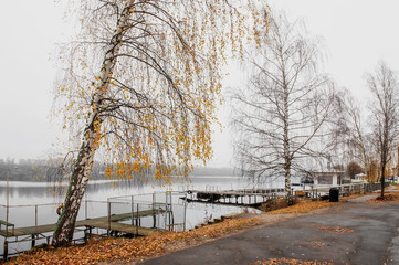 Obraz premium Beautiful view of the Volga river Embankment in late autumn. Ples old Russian city in Russia the City is associated with the great Russian artist Levitan