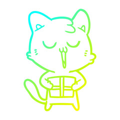 cold gradient line drawing cartoon cat with present