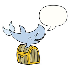 cartoon shark swimming over treasure chest and speech bubble