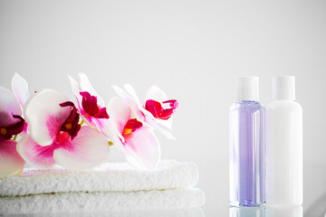Shower supplies. Composition cosmetic products of spa treatment.