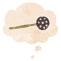 cartoon medieval mace and thought bubble in retro textured style