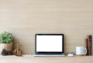 Workspace desk and mockup laptop. copy space and blank screen. Business image, Blank screen laptop and supplies.