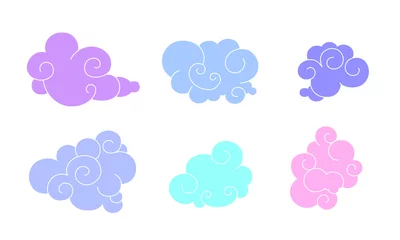 Selbstklebende Fototapeten Funny cartoon set of clouds of different shapes with beautiful curves and shapes. Delicate colors on a white background is perfect for a children's print and to create flat style illustrations © Kamila Bay
