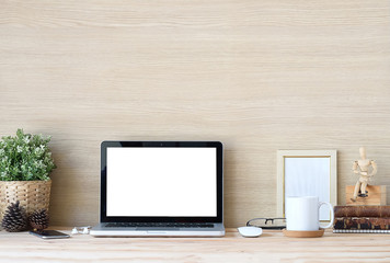 Workspace desk and mockup laptop. copy space and blank screen. Business image, Blank screen laptop and supplies.