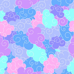 Funny cartoon seamless pattern of clouds of different shapes with beautiful curves and shapes.Tight pattern without gaps for a childrens print and to create flat style illustration. Blue, pink, purple