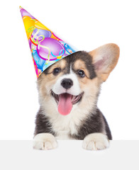 Corgi puppy in birthday hat above white banner. isolated on white background