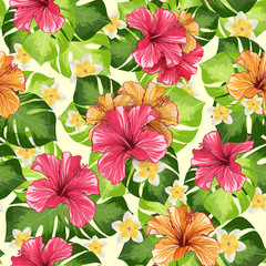 Hawaiian Hibiscus Fragrance Flower and Monstera Leaves Vector Seamless Pattern. Mallow Chinese Rose Flora and Botany Palms with Petals. Tropical Karkade or Bissap Herbal Tea, Crimson Flora Blossom.