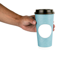 Mockup of male hand holding a Coffee paper cup isolated on white background