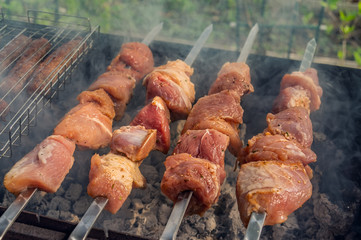 Cuts of meat roasted on skewers over an open fire. Summer barbecue. Shashlik is a national Caucasian dish