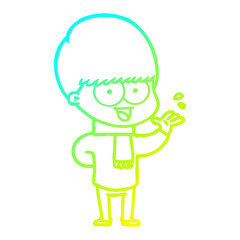 cold gradient line drawing happy cartoon boy waving