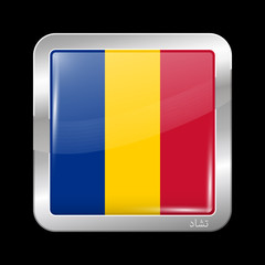 Flag of Chad with Name of Country in Arabic. Glossy and Metal Icon Square Shape. Button