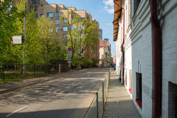 Moscow, Russia - May 6, 2019: View of the XVII – XVIII century residential building of the Zinoviev – Yusupovs in Bolshoi Afanasyevsky Lane 24 on a spring day