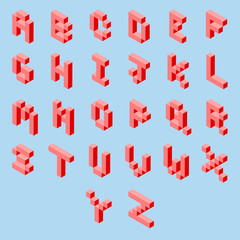 3D isometric alphabet in the style of pixel art pink and red on a light blue background