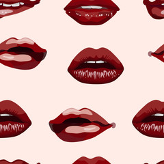 Obraz premium Seamless pattern of female dark red attractive lips. Lips with slightly parted teeth, lips with an open mouth, biting the lower lip, lips with a straw in the mouth on a light pink background