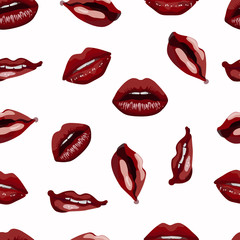 Seamless pattern of female dark red attractive lips. Lips with slightly parted teeth, lips with an open mouth, biting the lower lip, lips with a straw in the mouth on a white background. vector