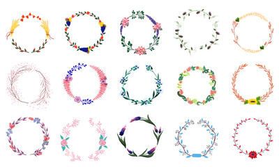 set of autumn and flower wreaths from fantastic plants. Bright multicolored vector collection on a white background. Can be used for wedding invitations, banners, cards, posters, scrapbooking, web BG.